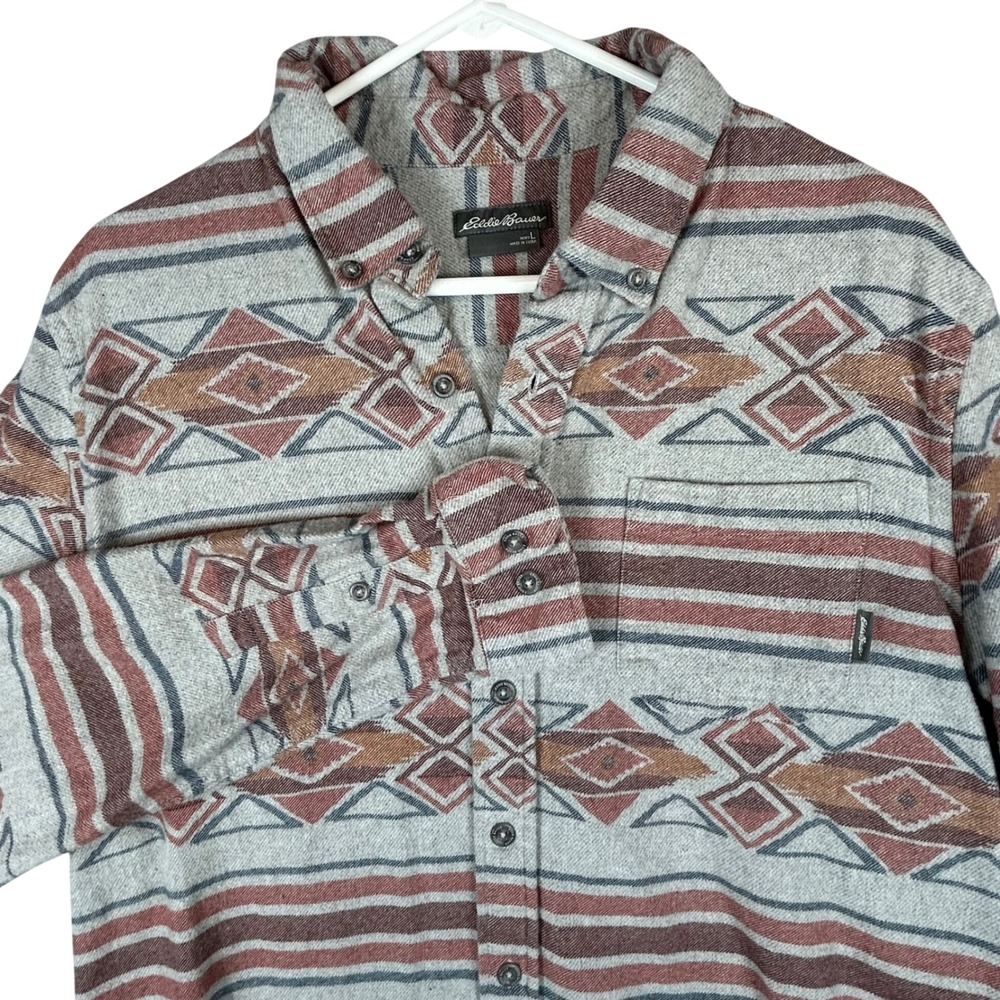 Eddie Bauer Mens Large Southwestern Geometric Flannel Shirt Grey Rust LS - Picture 1 of 11